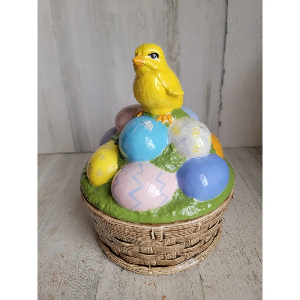 vintage chick Easter basket ceramic‎ container egg pastel home decor